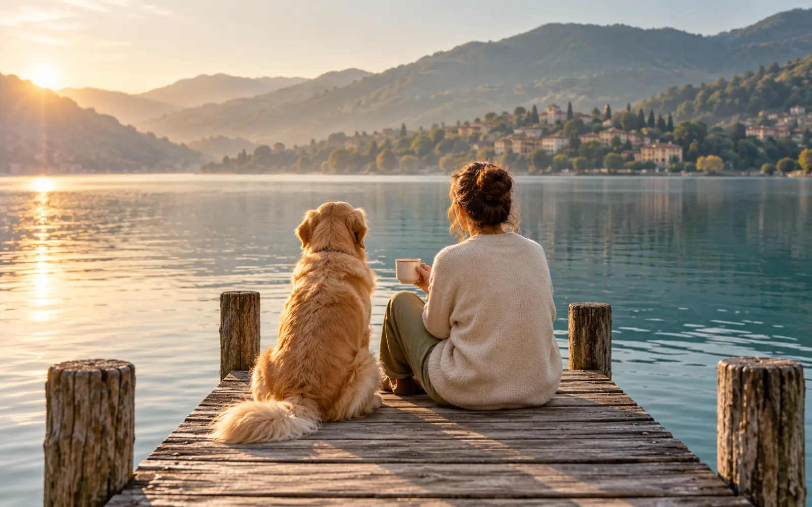 Un golden retriever seduto su un pontile di legno sul lago all’alba