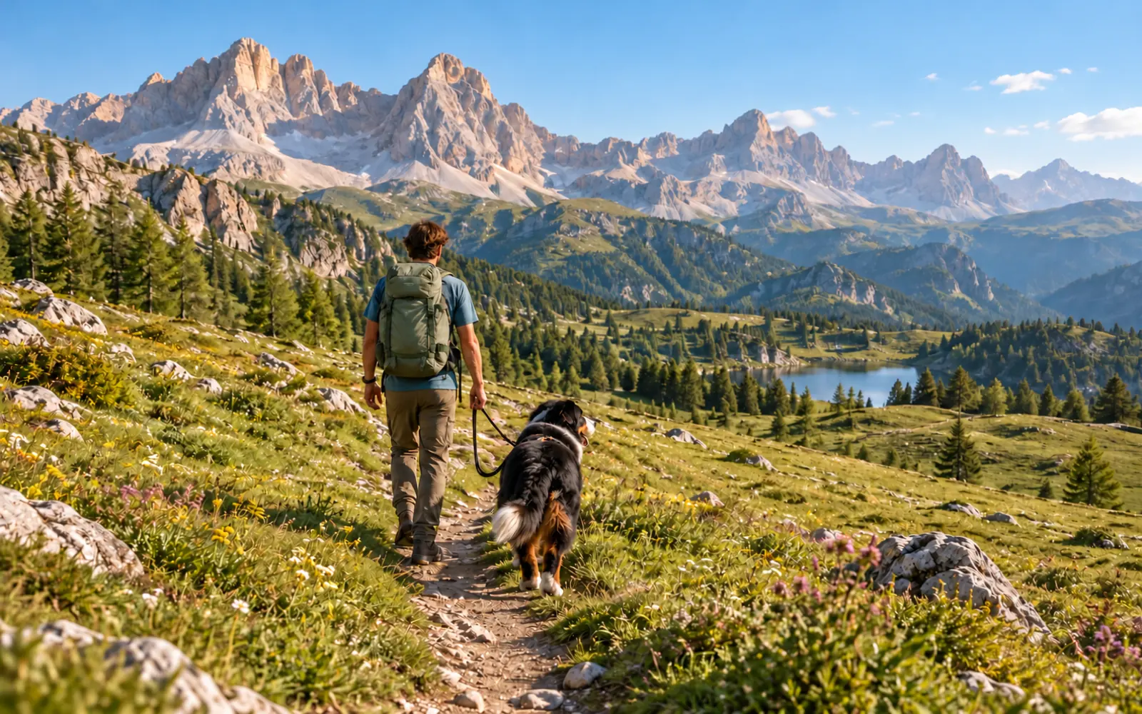 Un escursionista e un pastore australiano su un sentiero fiorito verso le Dolomiti