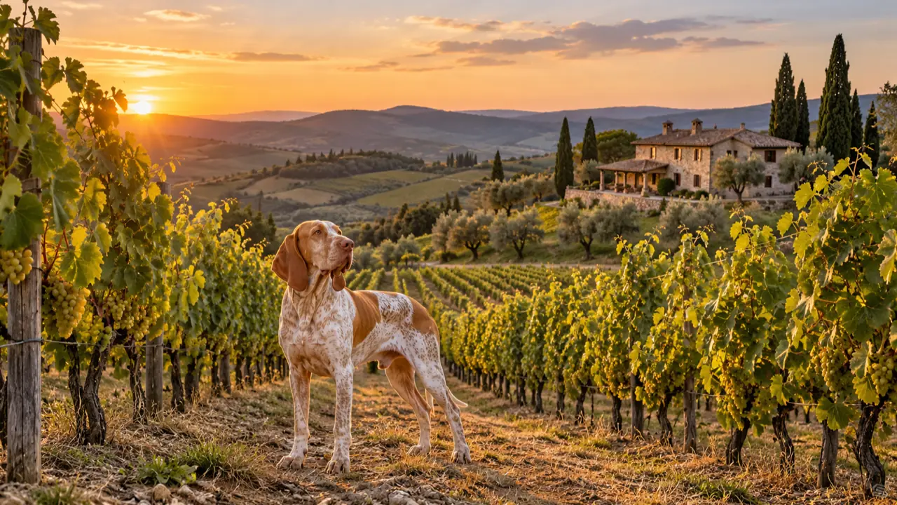 Un bracco tra i filari di un vigneto al tramonto, con l’agriturismo in collina