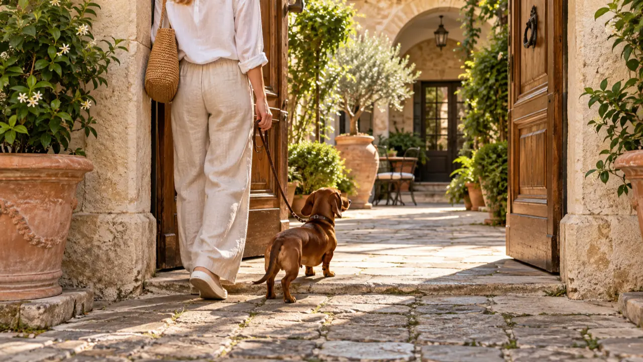 Una viaggiatrice con una borsa di paglia entra in un cortile in pietra con il suo bassotto al guinzaglio