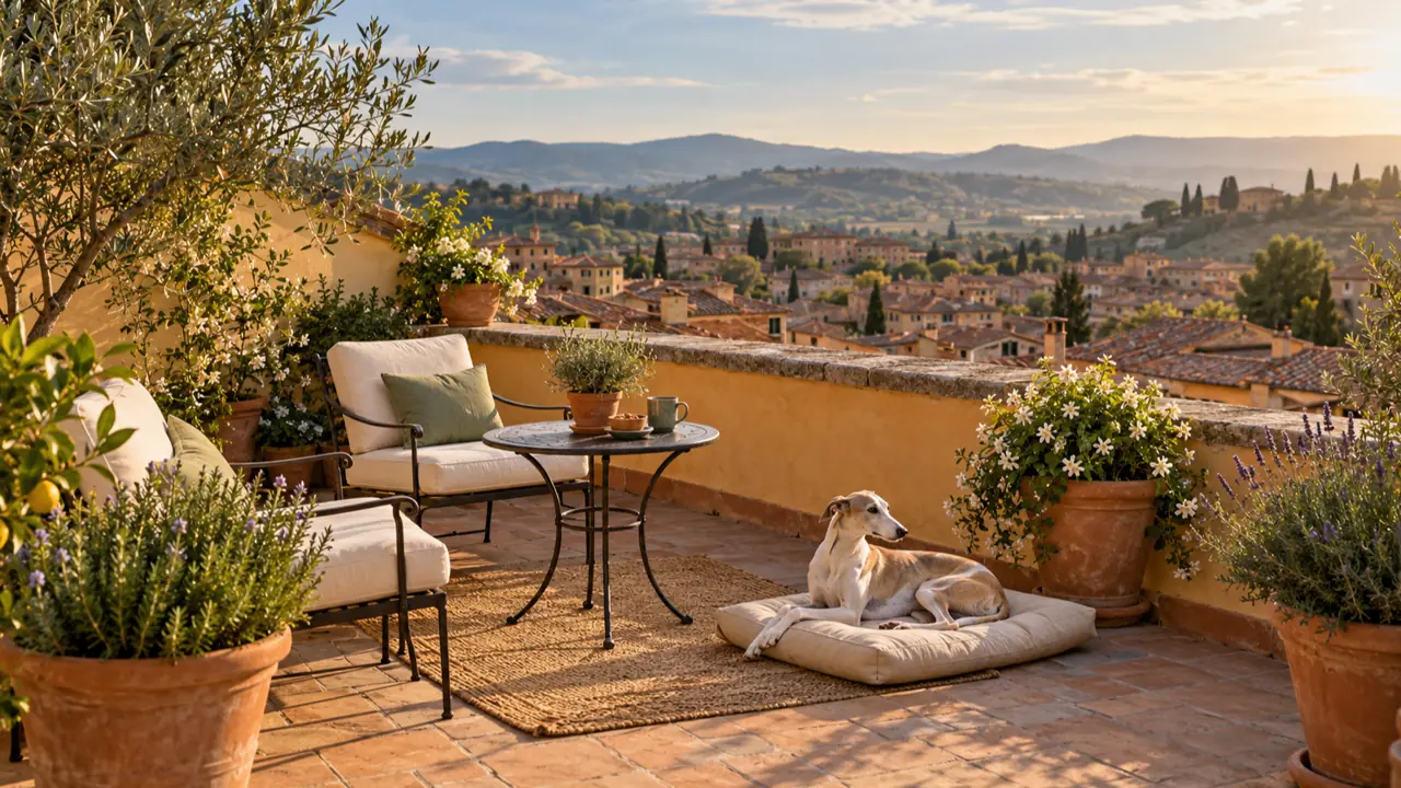 Un cane sdraiato sulla terrazza di un B&B con vista sui tetti e le colline