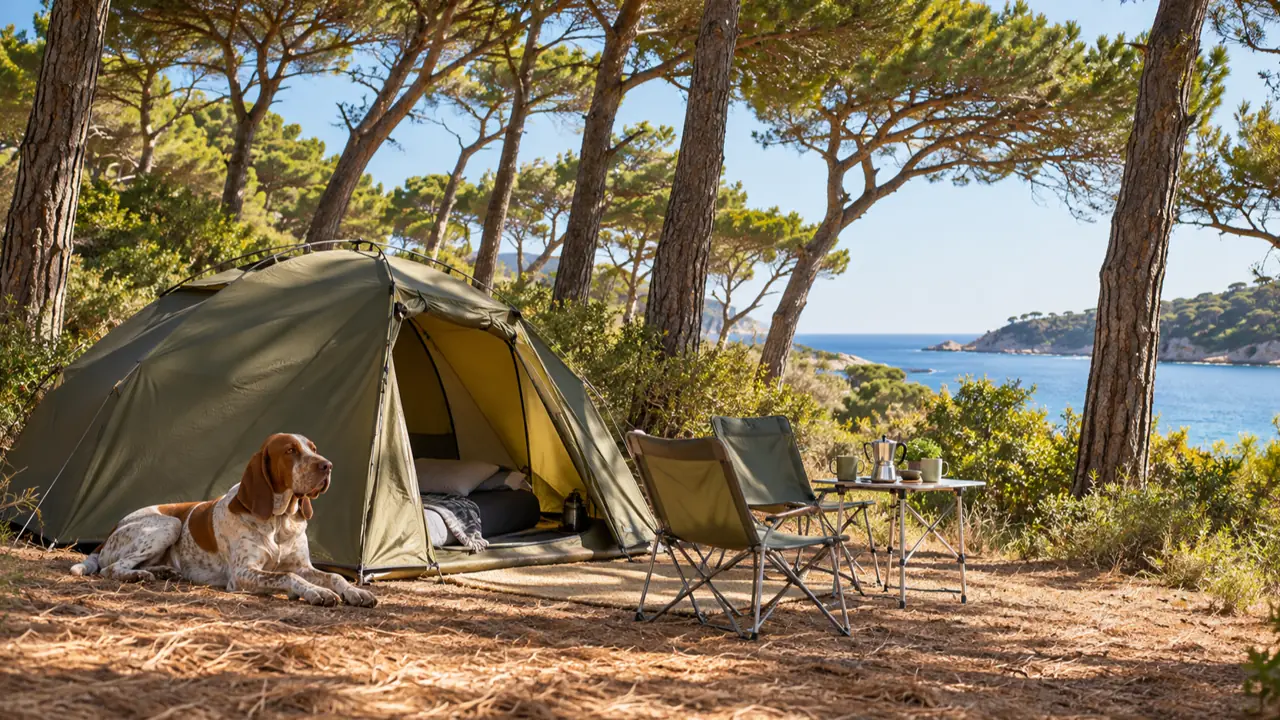 Un beagle davanti a una tenda in un campeggio sul mare, tra i pini