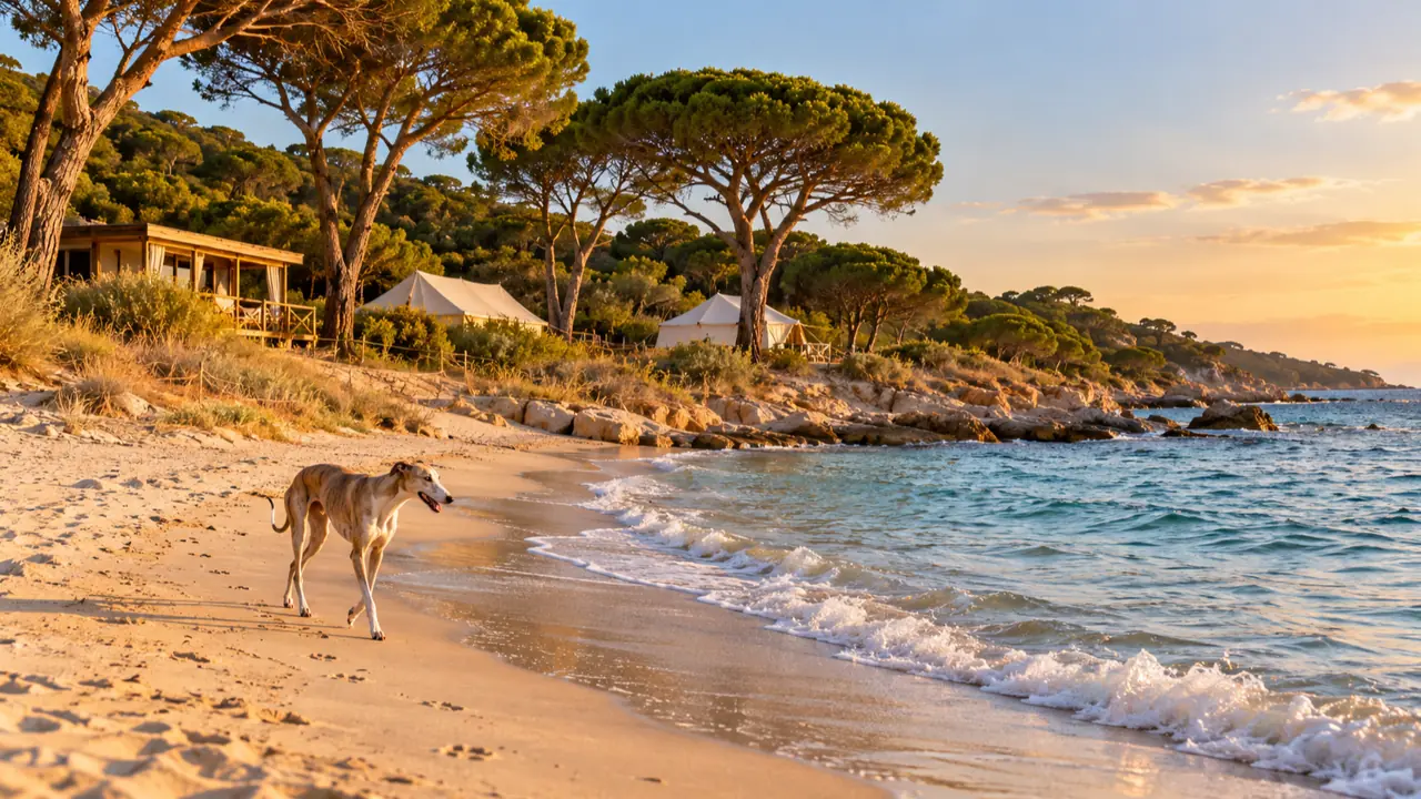 Un levriero cammina sulla battigia di una spiaggia di sabbia, con la pineta alle spalle, al tramonto