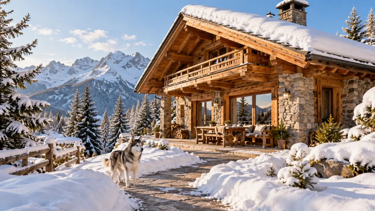 Uno chalet di legno tra la neve con un husky davanti alla porta e le montagne sullo sfondo