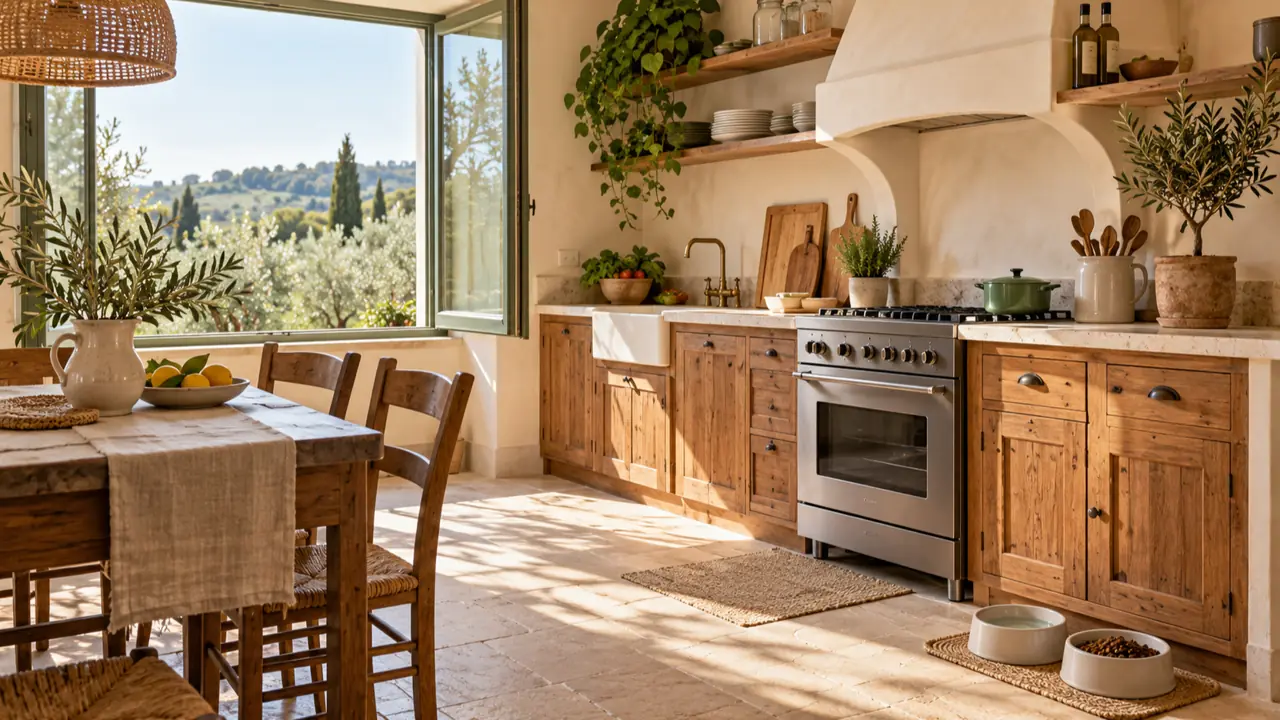 La cucina luminosa di una casa vacanze in campagna, con due ciotole per il cane, acqua e crocchette, appoggiate sul pavimento