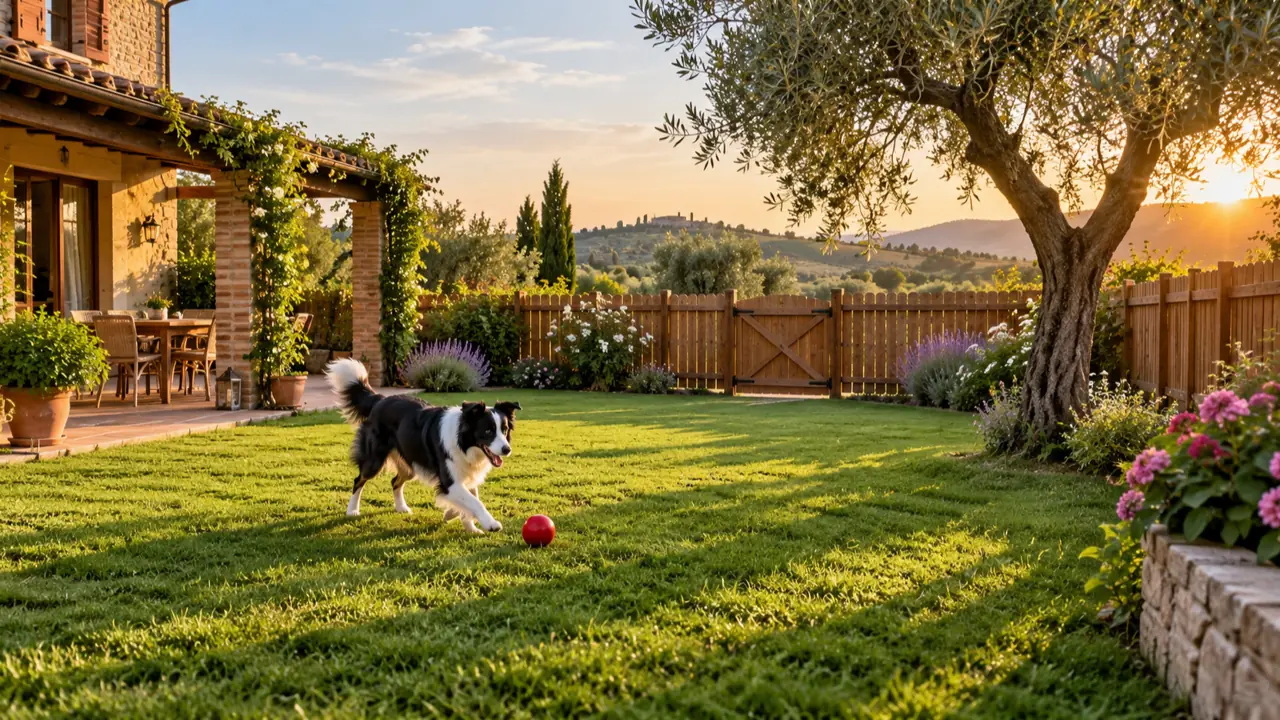 Un border collie gioca con la palla nel giardino recintato di una casa vacanze