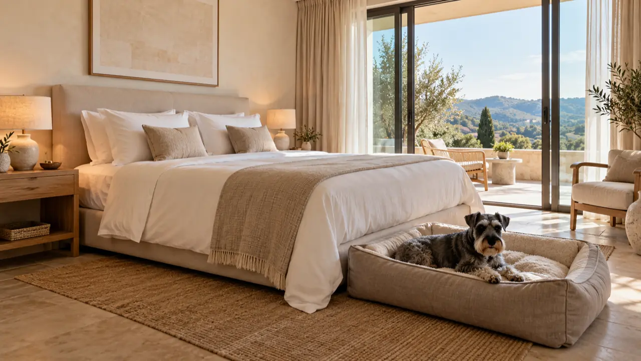 Uno schnauzer sdraiato nella sua cuccia ai piedi del letto, in una camera d’hotel luminosa con vista sulle colline