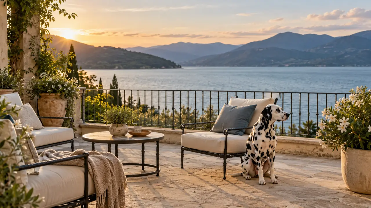 Un dalmata sulla terrazza di un hotel affacciato sul lago