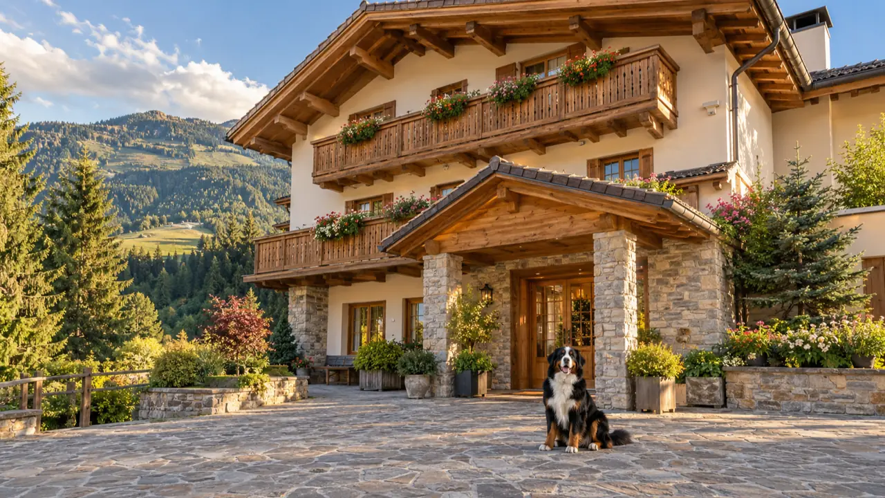 Un bovaro del Bernese seduto davanti a un hotel in legno e pietra in una valle alpina, con i boschi e le montagne sullo sfondo