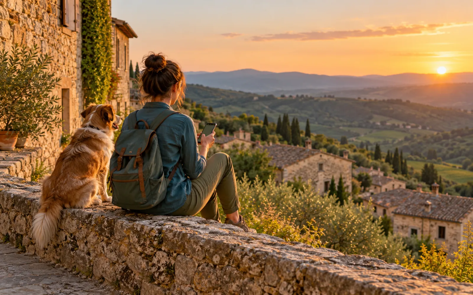 Una viaggiatrice con lo zaino seduta su un muretto in pietra accanto al suo cane, davanti a un borgo al tramonto