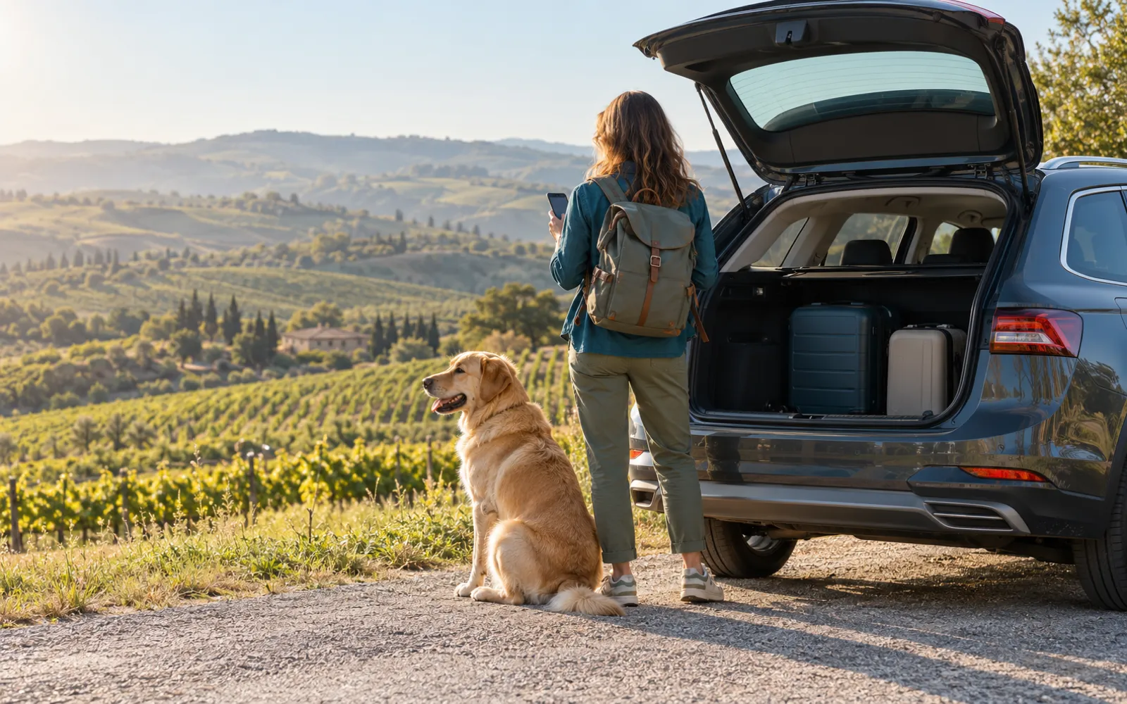 Un cane accanto all'auto carica di valigie su una strada di campagna, pronto per partire